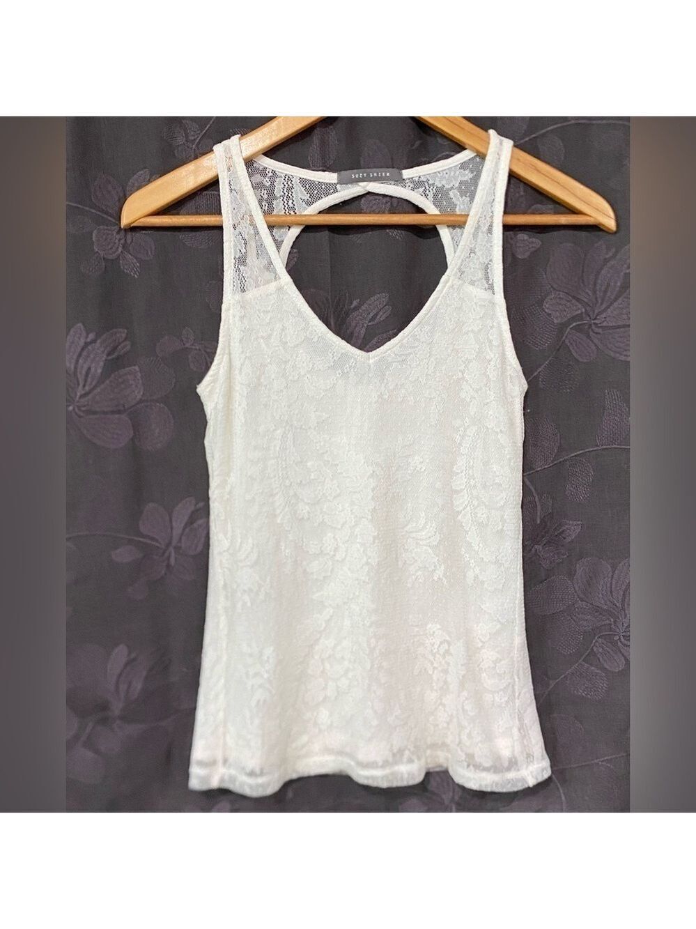 Racerback Lined Lace Tank Open Back Deep V-Neck Size Small Suzy Shier